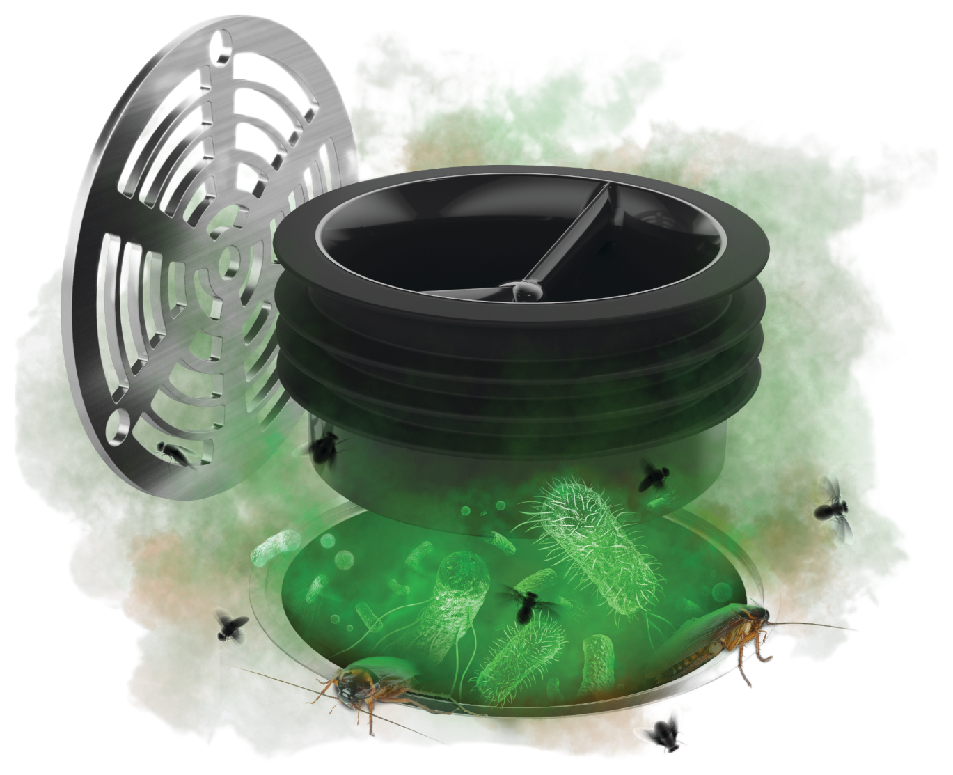 Green Drain insert blocking pests, odours and bacteria from a floor drain